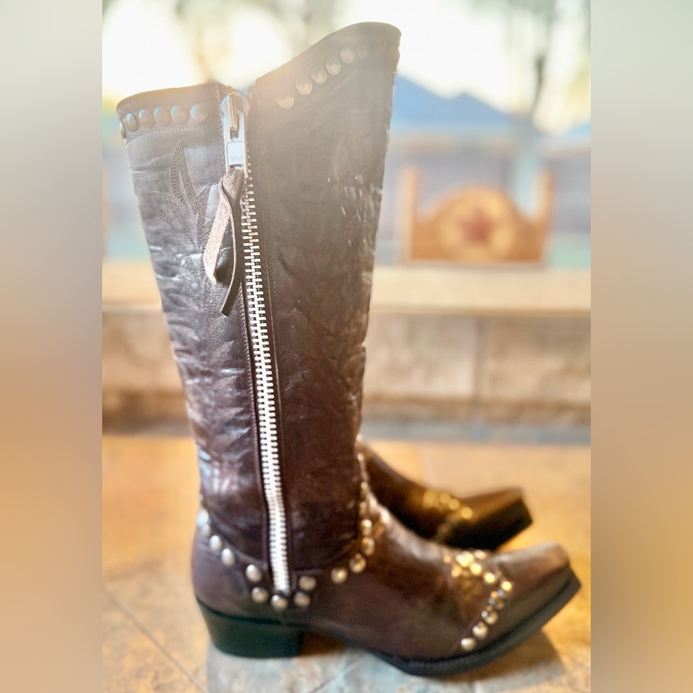 Old Gringo Studded Tall Western Boots Womens 7B Brown Leather Snip Toe Knee High - Picture 5 of 12
